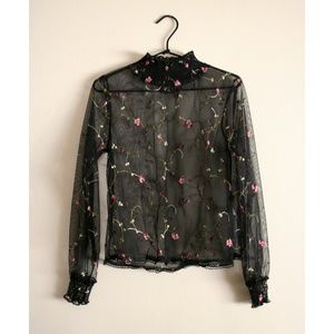 Sheer, floral pattern, turtleneck, long sleeve top